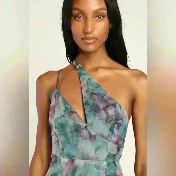 NWT Lulus Garden of Glamour Green Floral One-Shoulder Maxi Dress Cocktail Small - Picture 2 of 15